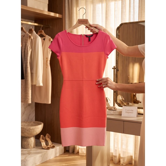 BCBGMaxAzria Dresses & Skirts - Retro BCBGMAXAZRIA Colorblock Bandage Dress M Pink‎ Orange Bodycon Mini Zip Back